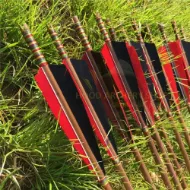 Picture of Medieval Bamboo Wooden Traditional Hunting Archery Arrow For Recurve Longbow Bow Shoot with Red Black Turkey Feather Hunger Games