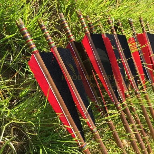 Picture of Medieval Bamboo Wooden Traditional Hunting Archery Arrow For Recurve Longbow Bow Shoot with Red Black Turkey Feather Hunger Games