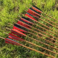 Picture of Medieval Bamboo Wooden Traditional Hunting Archery Arrow For Recurve Longbow Bow Shoot with Red Black Turkey Feather Hunger Games