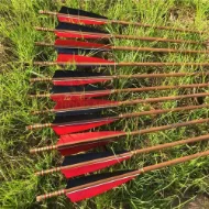 Picture of Medieval Bamboo Wooden Traditional Hunting Archery Arrow For Recurve Longbow Bow Shoot with Red Black Turkey Feather Hunger Games