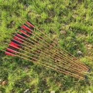 Picture of Medieval Bamboo Wooden Traditional Hunting Archery Arrow For Recurve Longbow Bow Shoot with Red Black Turkey Feather Hunger Games