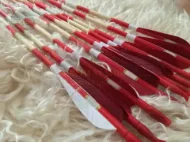 Imagen de Flecha de tiro con arco de madera para arco largo recurvo, tiro de caza otomano tradicional Medieval con pluma de pavo roja y blanca