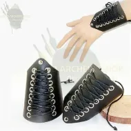 Imagen de Brazaletes de cuero para tiro con arco de caza tradicional medieval, armadura, protector de brazo, guerrero, guardabrazos con cordones para objetivo de guardia, arco largo, tiro con arco recurvo