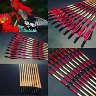 Picture of Wooden Archery Arrow For Recurve Longbow Bow Medieval Traditional Ottoman Hunting Shoot with Red Black Turkey Feather