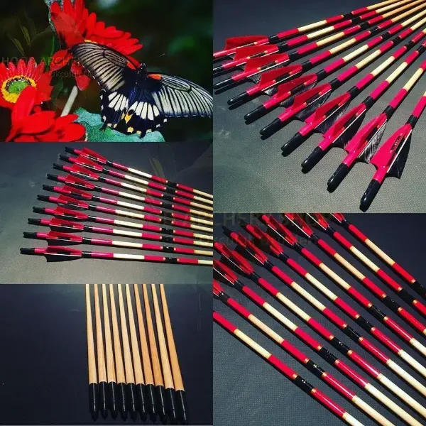 Picture of Wooden Archery Arrow For Recurve Longbow Bow Medieval Traditional Ottoman Hunting Shoot with Red Black Turkey Feather