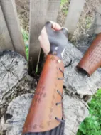 Picture of Two Archery Armguard Set Medieval Traditional Hunting Leather Bracers Armor Full Armguard with Archery Glove Finger Guard for Target Archery