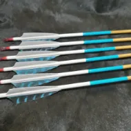 Picture of Wooden Barrelled Crested Arrows Archery Personalized Arrow For Recurve Bow Longbow Medieval Traditional Ottoman Hunting Shoot with Blue Natural Turkey Feather