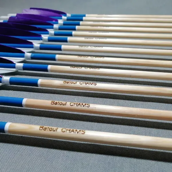 Picture of Wooden Barrelled Crested Arrows Archery Personalized Arrow For Recurve Bow Longbow Medieval Traditional Ottoman Hunting Shoot with Purple Natural Turkey Feather
