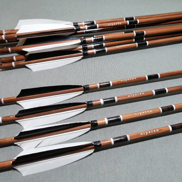 Picture of Wooden Barrelled Crested Arrows Archery Personalized Arrow For Recurve Bow Longbow Medieval Traditional Ottoman Hunting Shoot with White Black  Turkey Feather