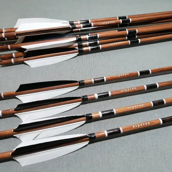 Picture of Wooden Barrelled Crested Arrows Archery Personalized Arrow For Recurve Bow Longbow Medieval Traditional Ottoman Hunting Shoot with White Black  Turkey Feather