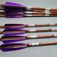 Picture of Wooden Barrelled Crested Arrows Archery Personalized Arrow For Recurve Bow Longbow Medieval Traditional Ottoman Hunting Shoot with Purple Turkey Feather