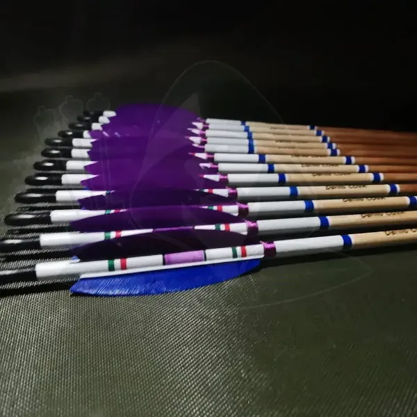 Afbeeldingen van Houten loop kuifpijlen Boogschieten Gepersonaliseerde pijl voor recurveboog Handboog Middeleeuwse traditionele Ottomaanse jachtshoot met paarsblauwe kalkoenveer