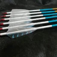 Picture of Wooden Barrelled Crested Arrows Archery Personalized Arrow For Recurve Bow Longbow Medieval Traditional Ottoman Hunting Shoot with Blue Natural Turkey Feather