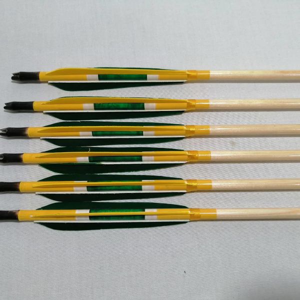 Picture of Wooden Barrelled Archery Personalized Arrow For Recurve Longbow Bow Medieval Traditional Ottoman Hunting  Shoot with Green Yellow Natural Turkey Feather
