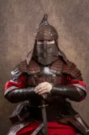 Bild von Mongolische Han-Lederplattenrüstung Kriegerrüstung Armschienen Gürtel Kaftan Hemd Hose Stiefel Set Kostüm