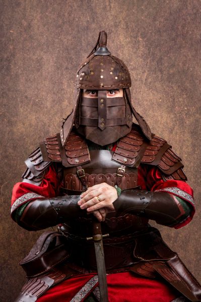 Picture of Mongolian Han Leather Plates Armor Warrior Armor Bracers Belt Kaftan Shirt Pant Boots Set Costume