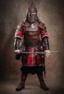 Bild von Mongolische Han-Lederplattenrüstung Kriegerrüstung Armschienen Gürtel Kaftan Hemd Hose Stiefel Set Kostüm