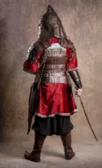 Bild von Mongolische Han-Lederplattenrüstung Kriegerrüstung Armschienen Gürtel Kaftan Hemd Hose Stiefel Set Kostüm