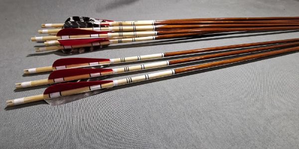 Picture of Wooden Archery Arrows with Red Black Turkey Feather With Horn Nock Barrelled Crested Arrows Archery Premium Personalized Arrow For Recurve Bow Longbow Medieval Traditional Ottoman Hunting Shoot