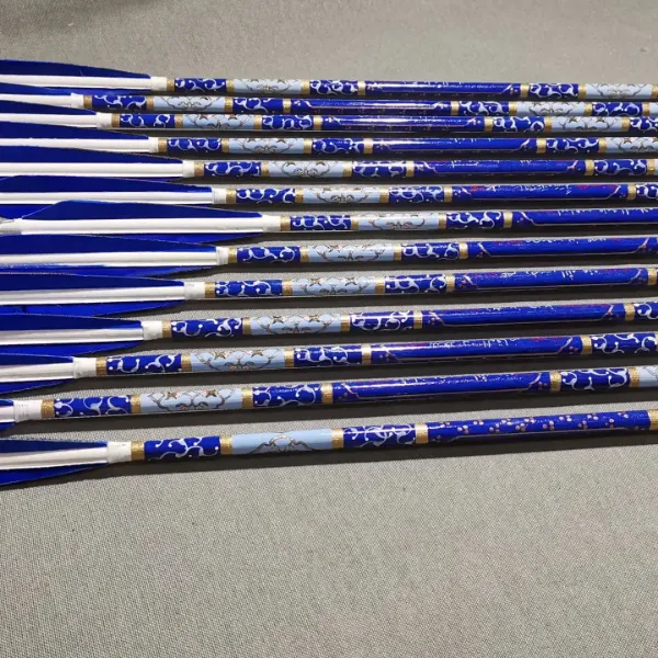 Picture of Wooden Archery Personalized Arrow Blue White Turkey Feather Tezhib Art Painted With Self Nock Barrelled Crested Arrows For Recurve Bow Longbow Medieval Traditional Ottoman Hunting Shoot with Blue Turkey Feather