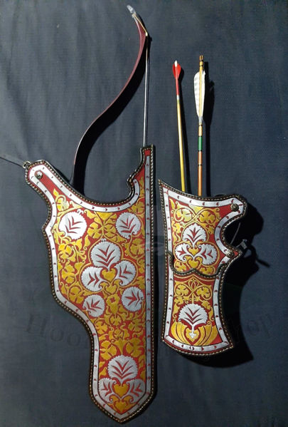 Picture of Turkish Hip Quiver Set with Ancient Motifs Kremlin Museum Sample Ottoman Horseback Archery Leather Quiver Tirkes Knight Belt Quiver Red Color