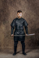 Picture of Ragnar costume leather vest with chainmail and shirt under, bracers, pants, boots cosplay