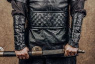 Picture of Ragnar costume leather vest with chainmail and shirt under, bracers, pants, boots cosplay