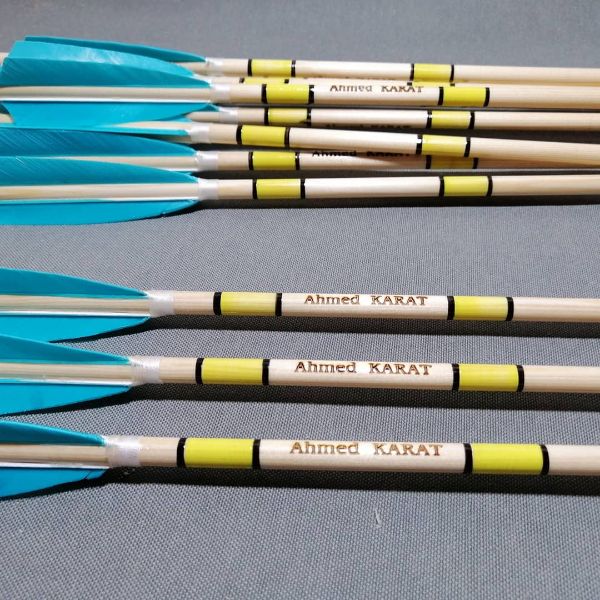 Picture of Wooden Archery Arrow For Recurve Bow Longbow Premium Series Turquoise Feather Arrows Black Turquoise Painted With Self Nock Christmas Gift 